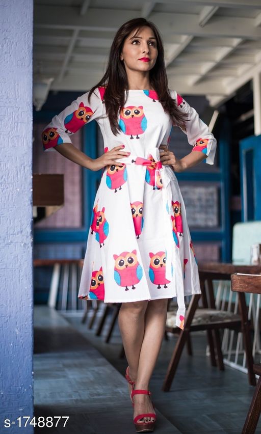 Women's Printed White Cotton Dress 