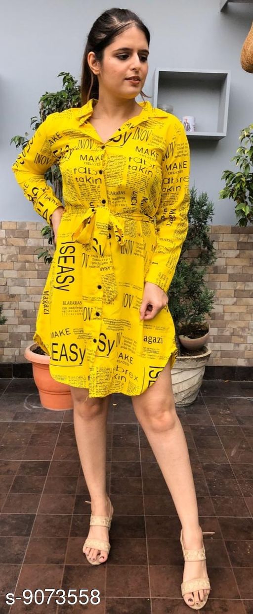 Trendy Paper Print Front Open Collared Dress For Women 