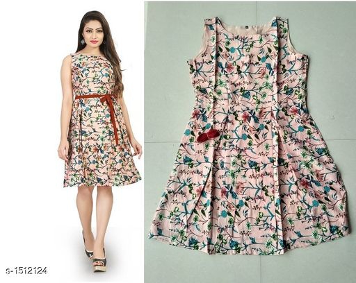 Printed Peach Knee length Crepe Dress