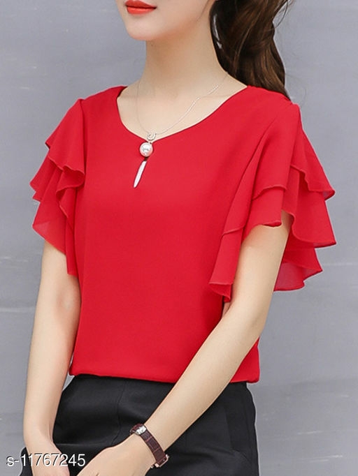 Women Red Ruffle Sleeve Neck Button Top
