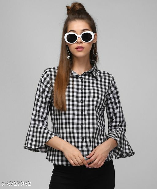 MASK+ WHITE SHORT CHECK BELL SLEEVE TOP 