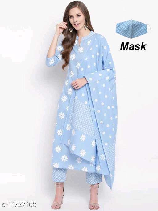 Stylum Women's Printed Cotton Kurta Pant Dupatta Set with Mask 