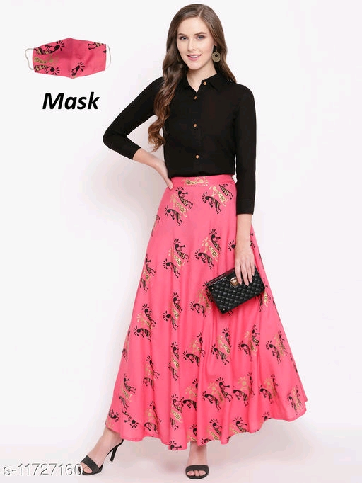 Stylum Women's Solid Rayon Shirt Skirt Set with Mask Kurta 