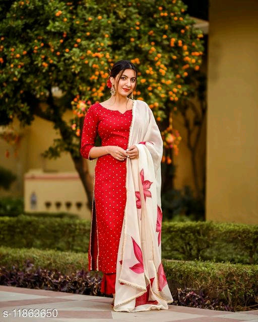 GoSriki Red Color Rayon Kurti With Plazzo and Dupatta Set (Hasley_Red_XXL)