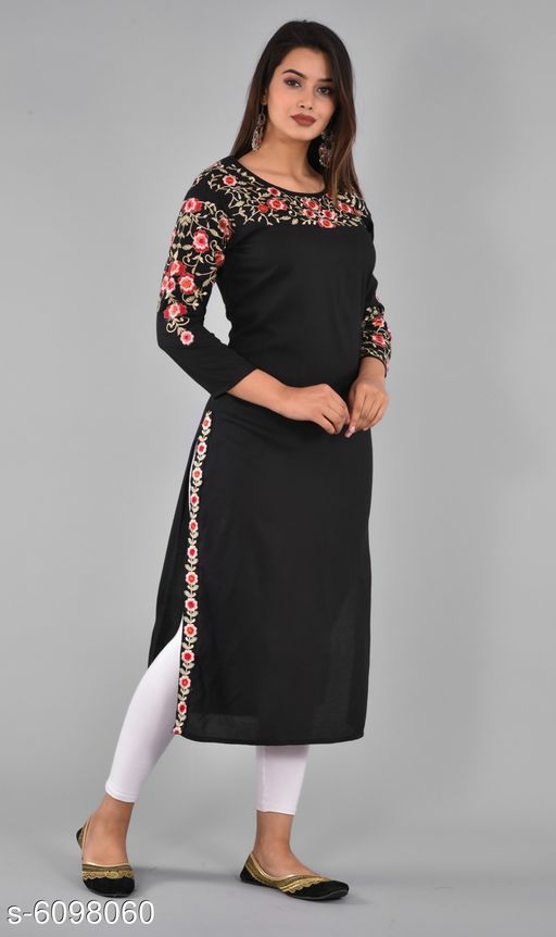 Women's Black Embroidered Rayon Kurti 