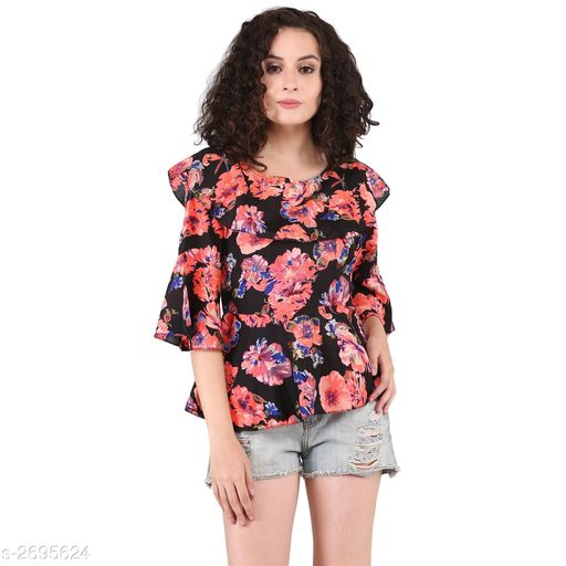 Women's Printed Black Crepe Top 