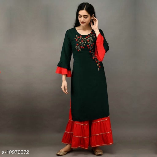 Women's Embroidered Rayon Kurta with Sharara Kurta 