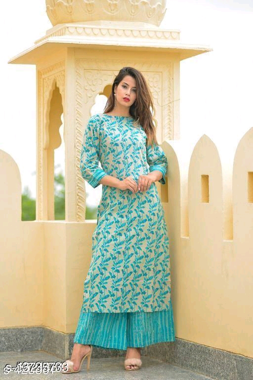   COTTON BLEND ELEGANT KURTI PANT SET WITH KATHA