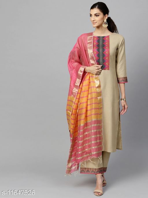 GoSriki Beige Color Rayon Cotton Kurti With Plazzo and Dupatta Set