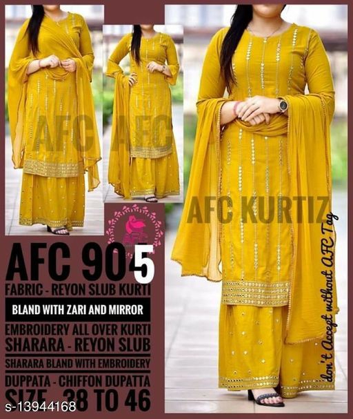 Checkout this hot & latest Kurta Sets KURTA SHRARA ZARI MIRROR EMBRODRY & WITH DUPTTA  ALL ROUND  LESS WORK Kurta 