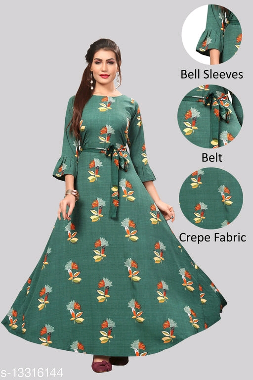 Women’s Crepe Bell Sleeve Floor Length Anarkali Maxi Gown