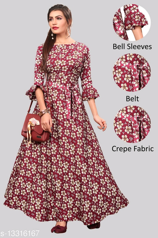 Women’s Crepe Bell Sleeve Floor Length Anarkali Maxi Gown