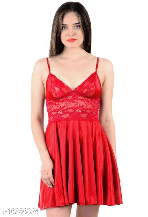 Silky Satin Solid Babydoll Night Dress With Panty 
