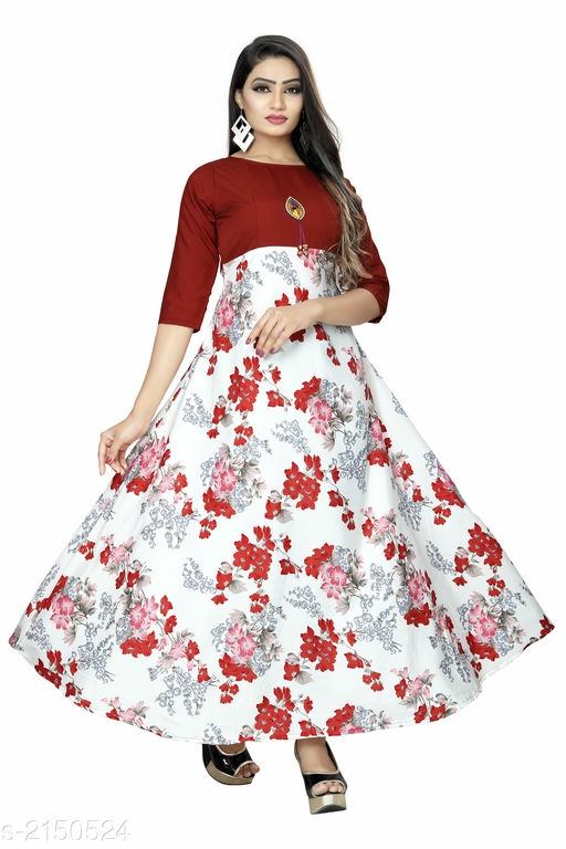 Checkout this hot & latest Gowns Printed White Maxi Crepe Dress 