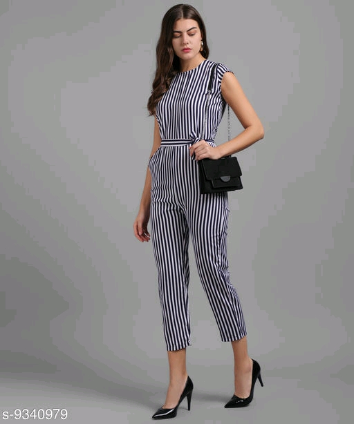 Elizy Women Black Small Stripe Printed Front Knot Jumpsuits 