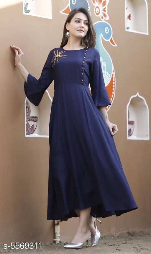 Women's Embroidered Rayon Long Anarkali Kurti