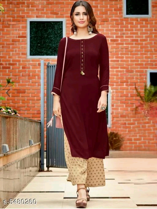 Women Rayon A-line Solid Long Kurti With Palazzos Kurta