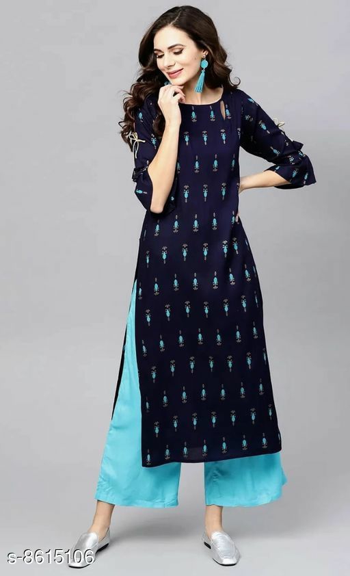 Women Rayon Straight Printed Long Kurti With Palazzos Kurta 