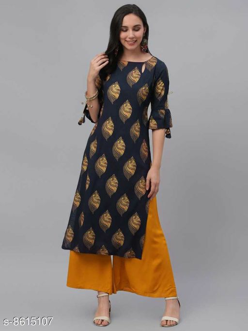 Checkout this hot & latest Kurta Sets Women Rayon A-line Printed Long Kurti With Palazzos 