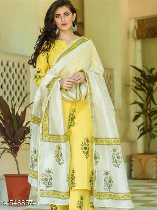 Cotton A-line Printed Long Kurti With Palazzos And Dupatta 