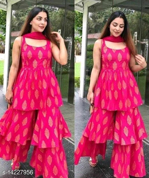  GOLD PRINTED KURTI WITH PLAZZO AND DUPTTA SET 