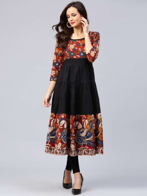 AKS Women Black & Rust Printed Anarkali Kurta